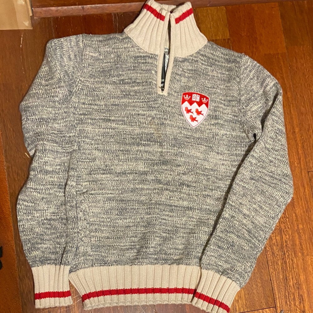 Gray and Red Quarter-Zip cotton Sweater
